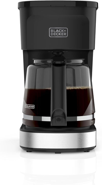 Black and Decker coffee maker with a clear glass carafe on a white background