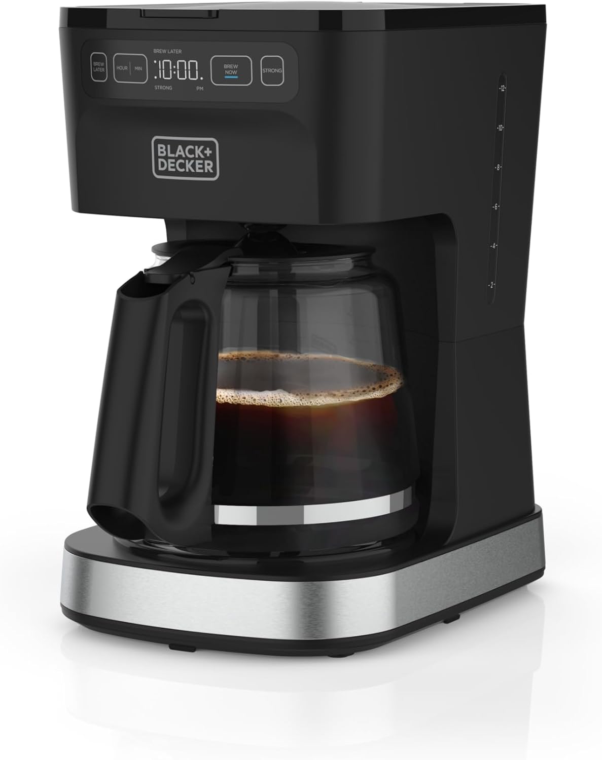 Black and Decker coffee maker with a glass carafe on a white background