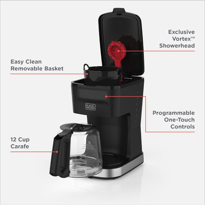 Black coffee maker with labeled features on a white background