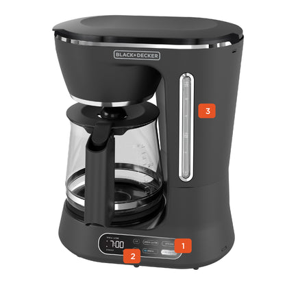 Black coffee maker with digital display on a white background
