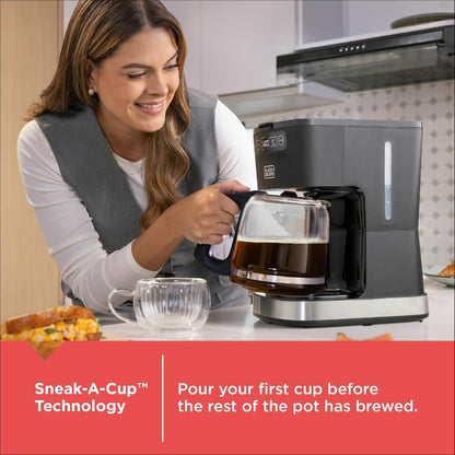 Woman pouring coffee from a coffee maker with text about Sneak-A-Cup Technology.