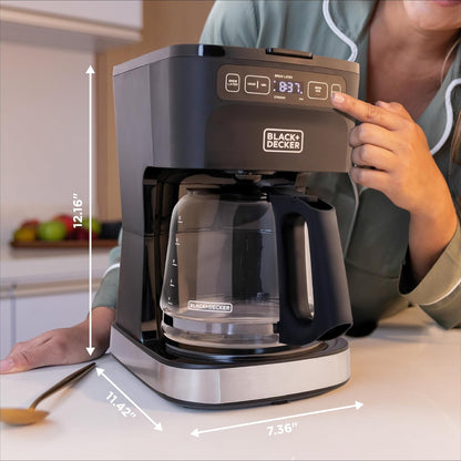 Black+Decker coffee maker with dimensions labeled on a kitchen counter