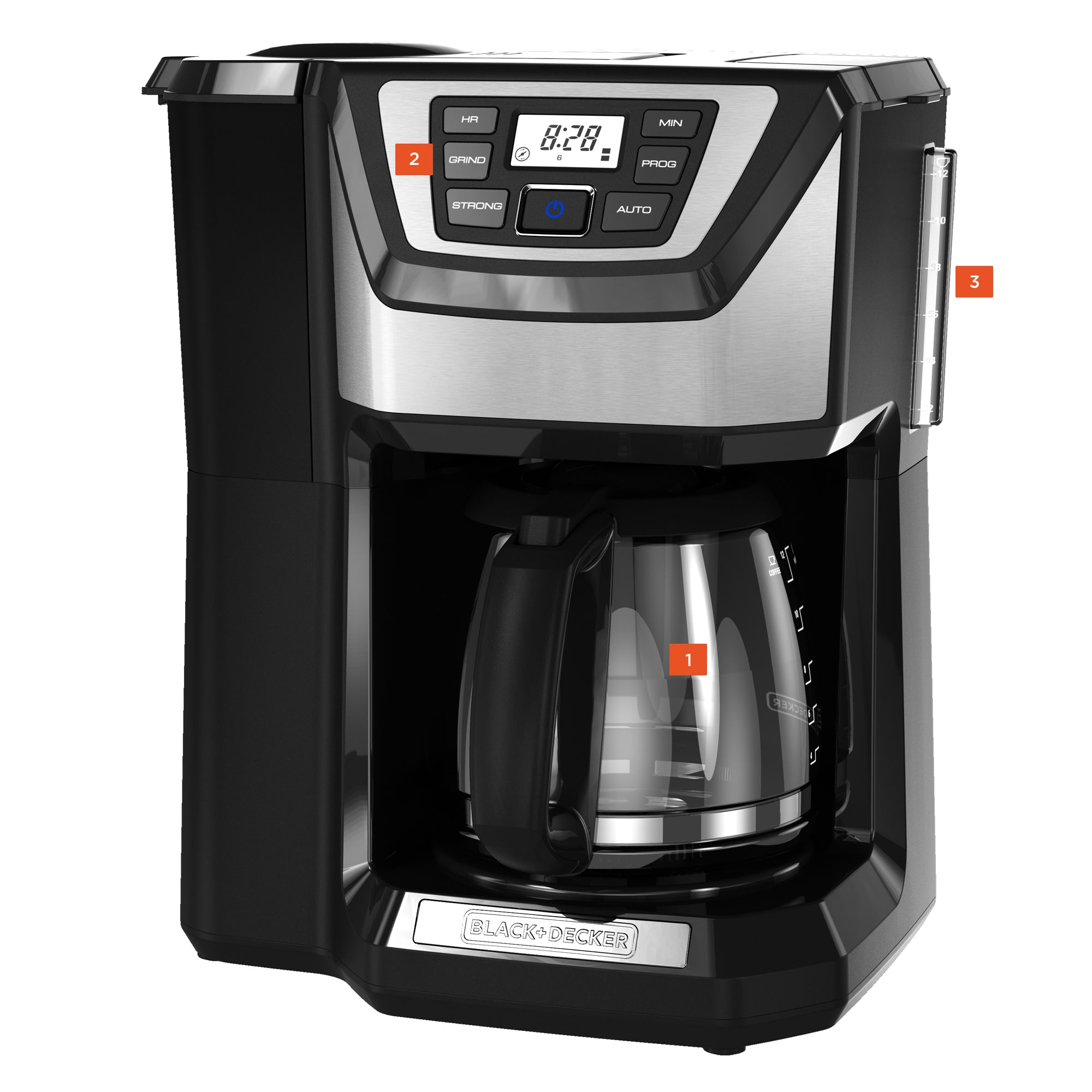 Black and silver Black & Decker coffee maker on a white background