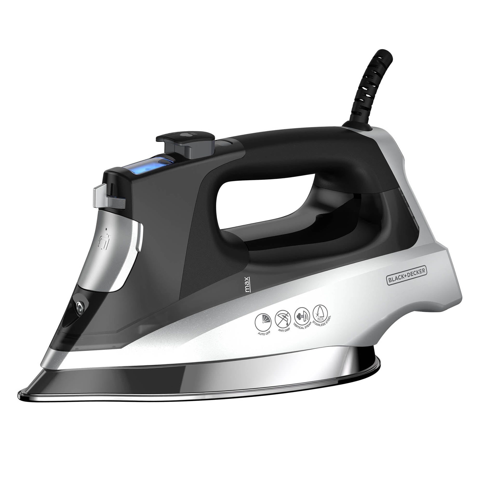Black and silver steam iron on a white background