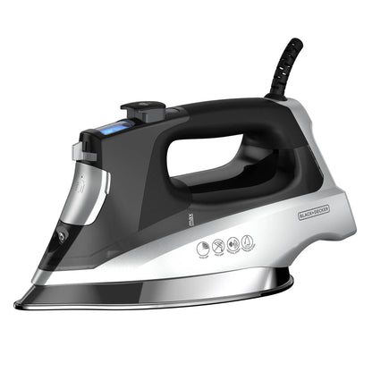 Black and silver steam iron on a white background
