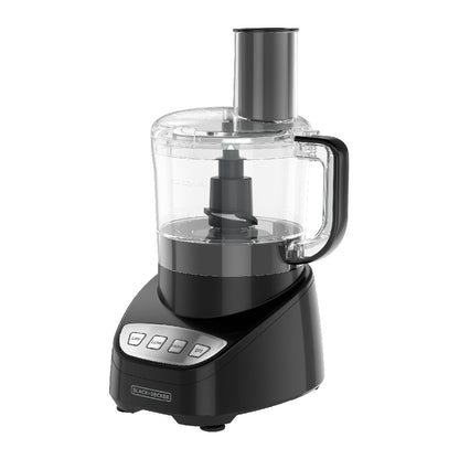 Black food processor with clear container on a white background