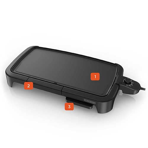 Black electric griddle with labeled parts on a white background