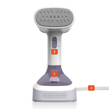 Gray handheld steamer with a white base on a white background, featuring the Black+Decker brand.