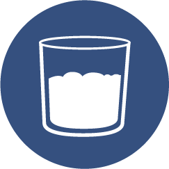 White icon of a glass with ice cubes on a blue background