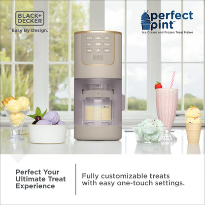 Black+Decker Perfect Pint ice cream maker with various ice cream treats on a white surface.