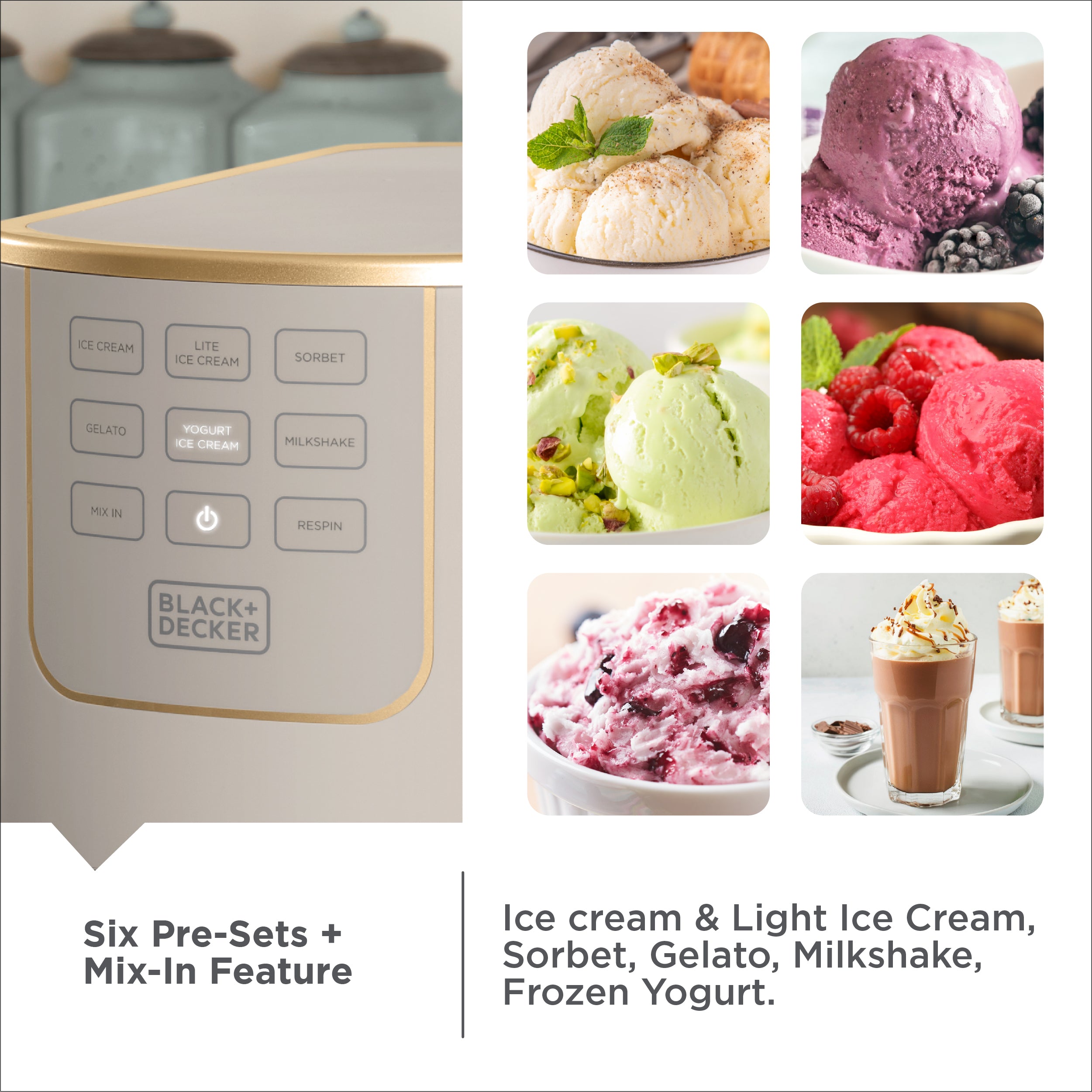 Black+Decker ice cream maker with images of various ice creams and sorbets.