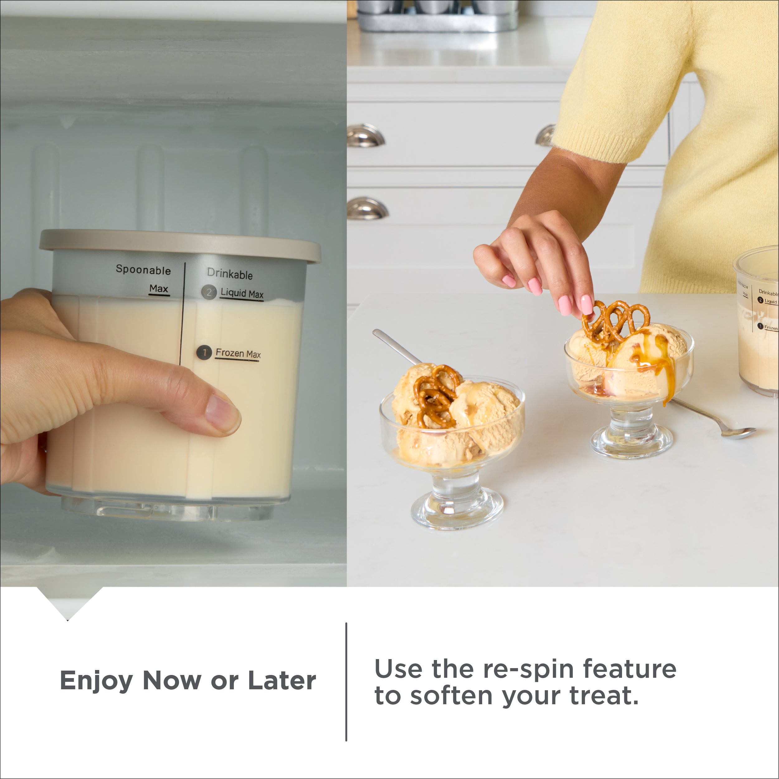Ice cream container with text about enjoying ice cream now or later and using a re-spin feature.