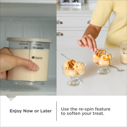 Ice cream container with text about enjoying ice cream now or later and using a re-spin feature.