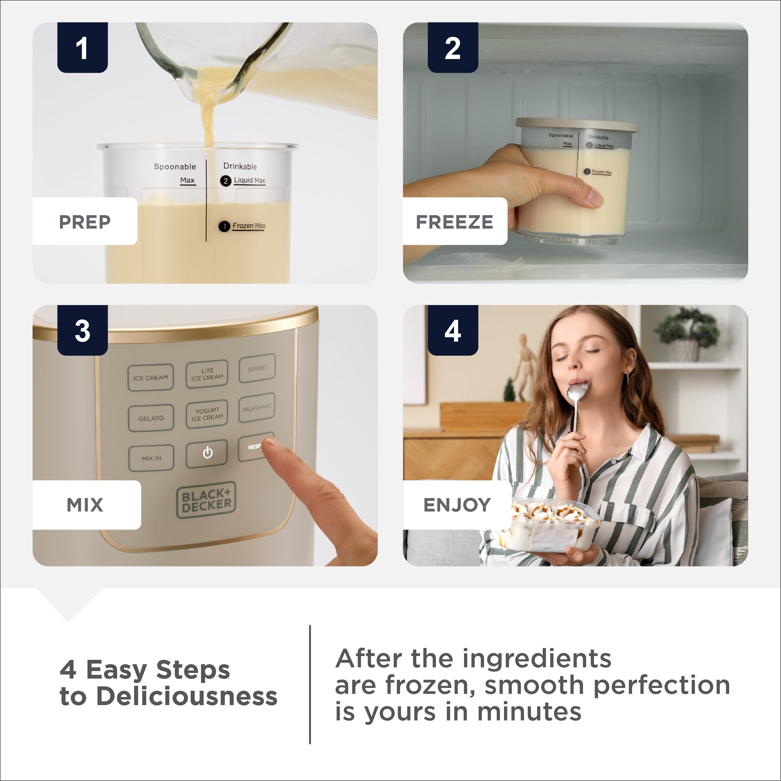 Step-by-step guide on making a frozen drink using a Black & Decker appliance.