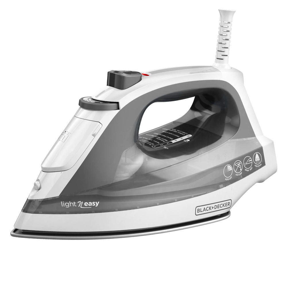 White and gray Black+Decker iron on a white background