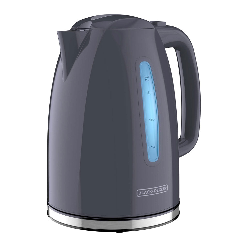 Gray electric kettle with a digital display on a white background, featuring the Black+Decker brand.