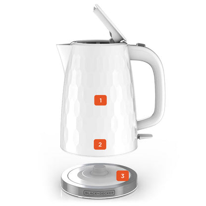 White electric kettle with digital display on a white background