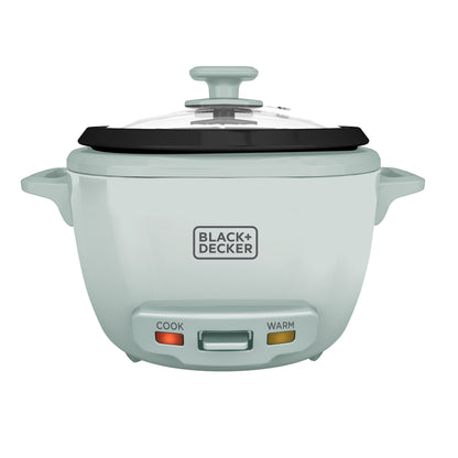 Light gray rice cooker with a clear lid on a white background, featuring the Black+Decker logo.