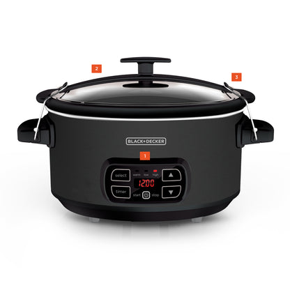 Black slow cooker with digital display on a white background