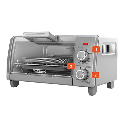 Toaster oven with control knobs and 'Black+Decker' branding on a white background