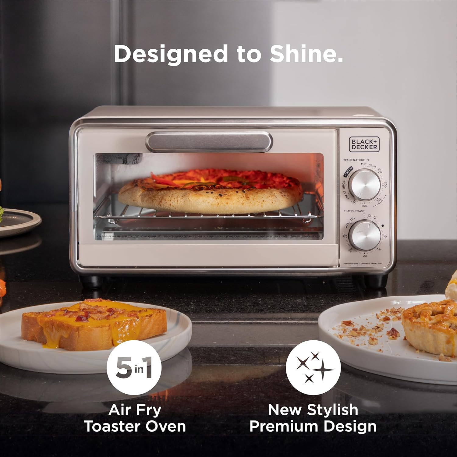 Toaster Oven with Pizza Cooking and Toast on Plates