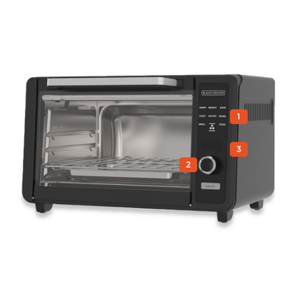 Black toaster oven with digital controls on a white background