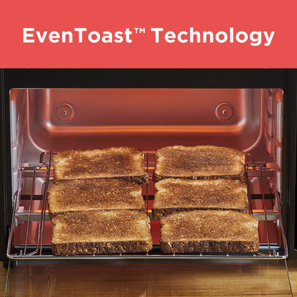 Toaster oven with slices of bread toasting, labeled 'EvenToast™ Technology' on a red background.