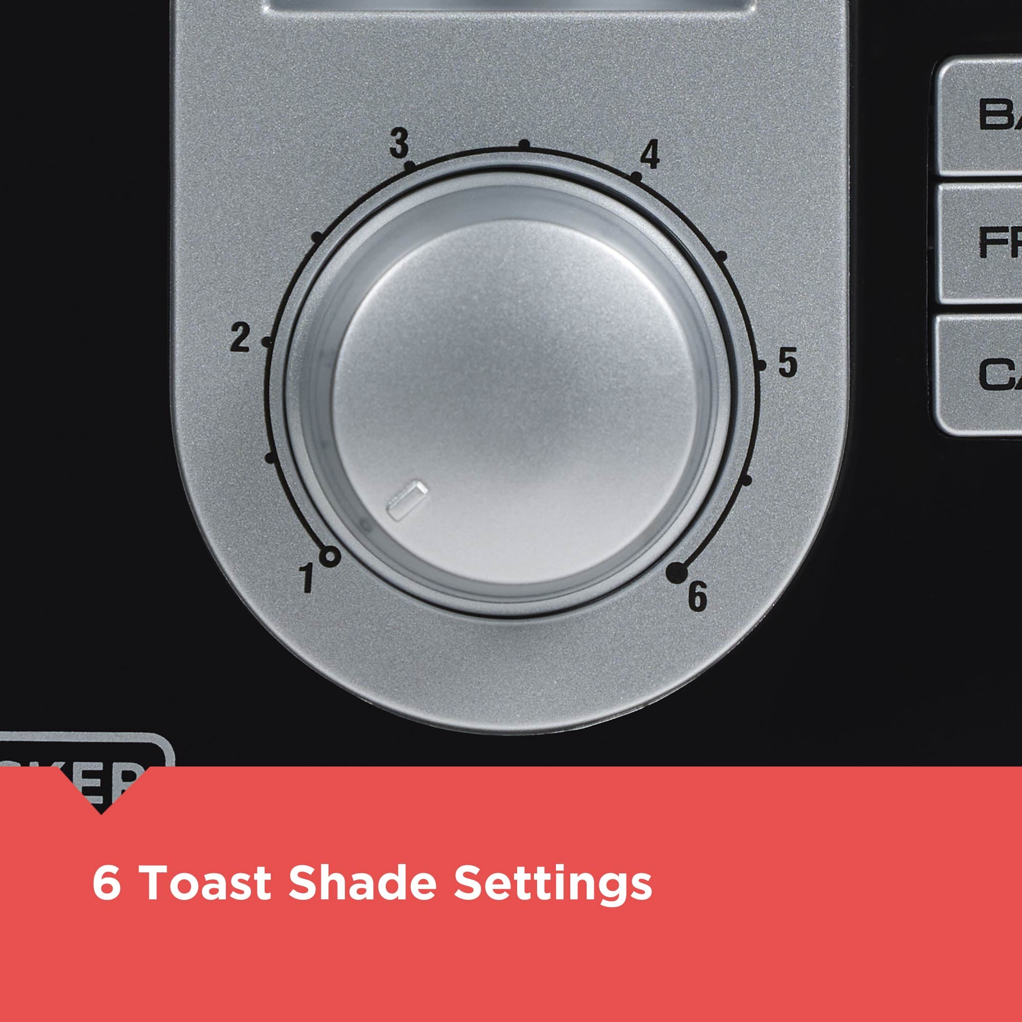 Toaster with a dial for toast shade settings on a black background
