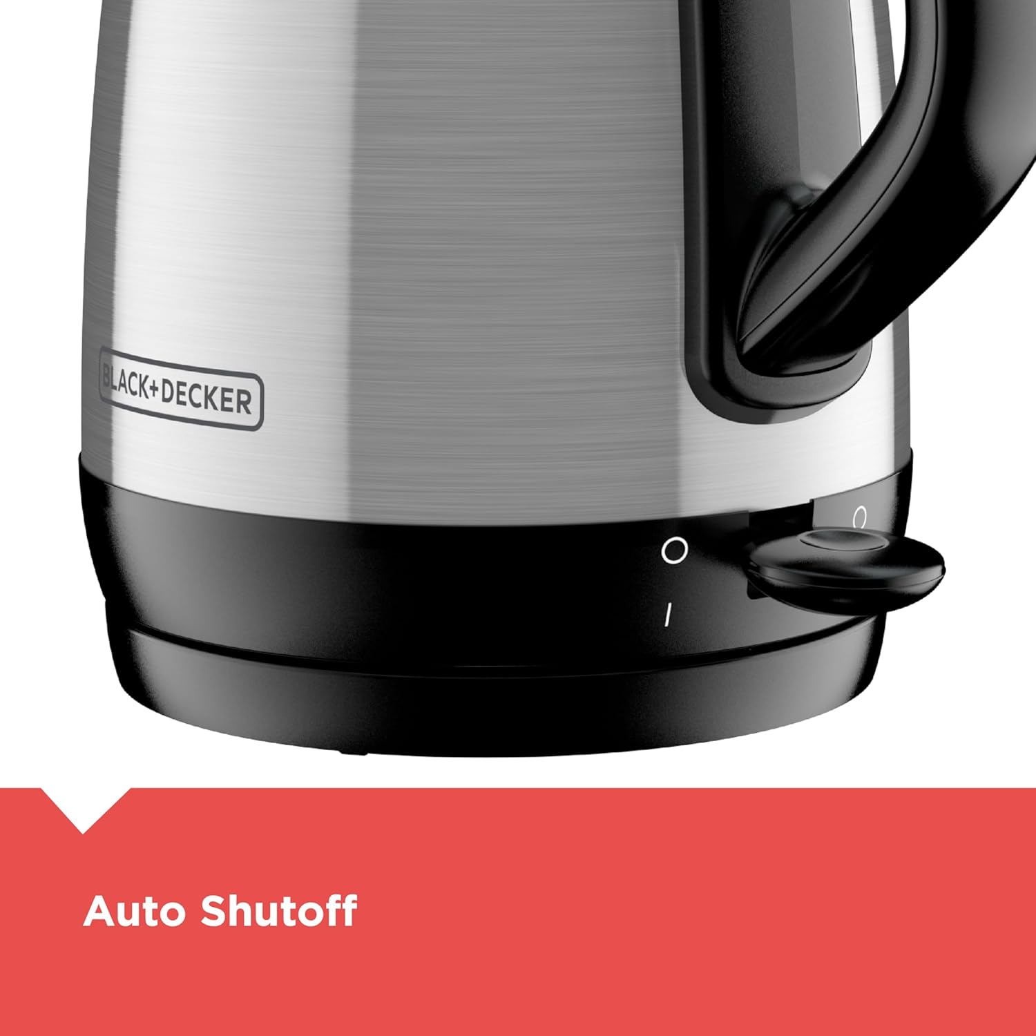 Black+Decker electric kettle with auto shutoff feature on a white background