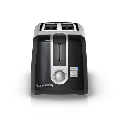Black and silver toaster with Black+Decker logo on a white background