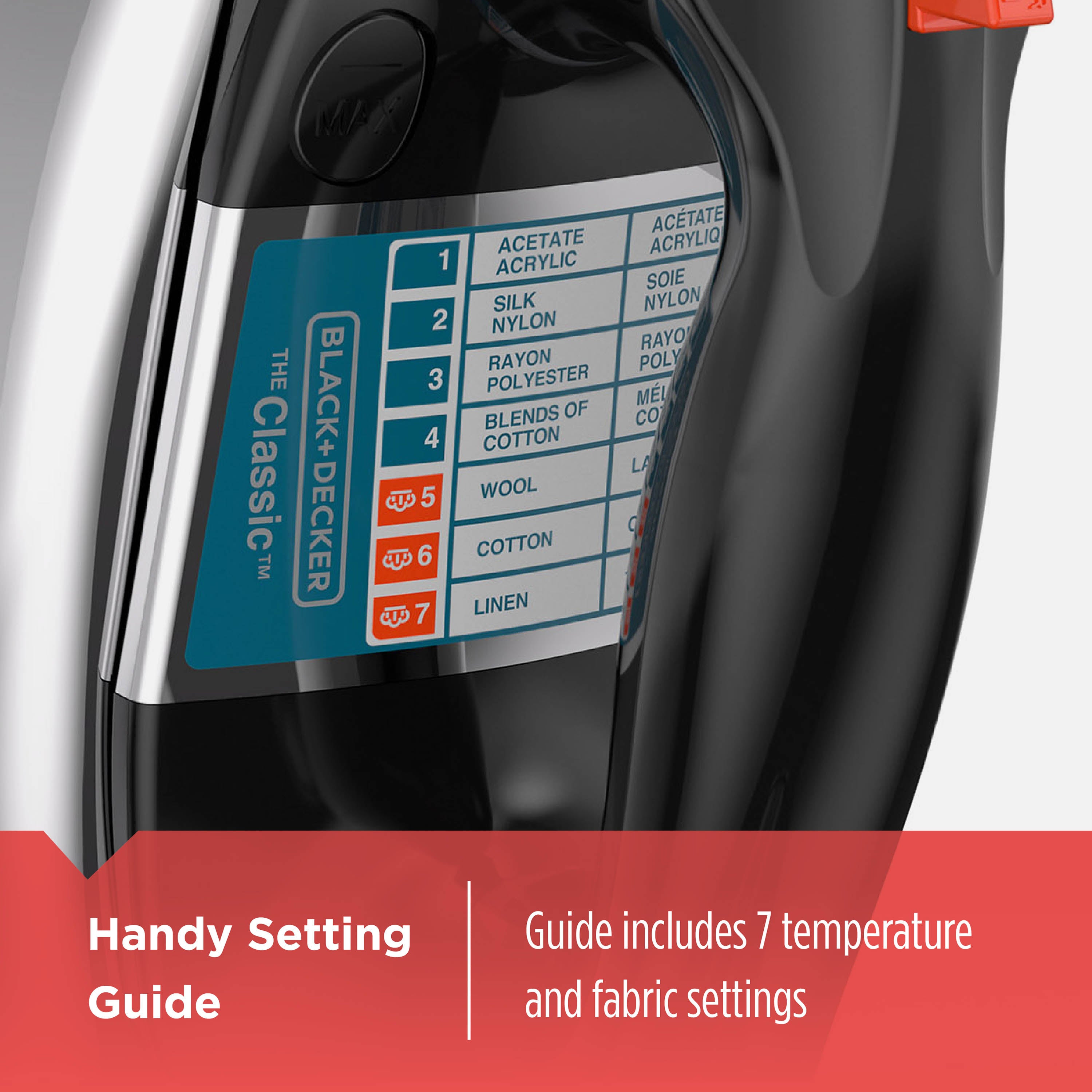Black and Decker iron with a temperature and fabric setting guide on a gray background