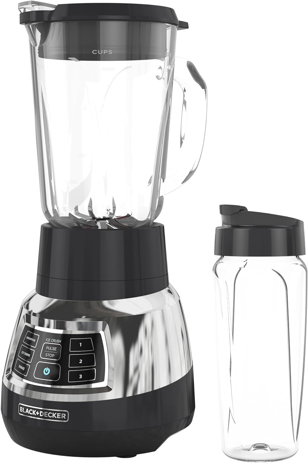 Black and silver blender with a black lid and clear container on a white background