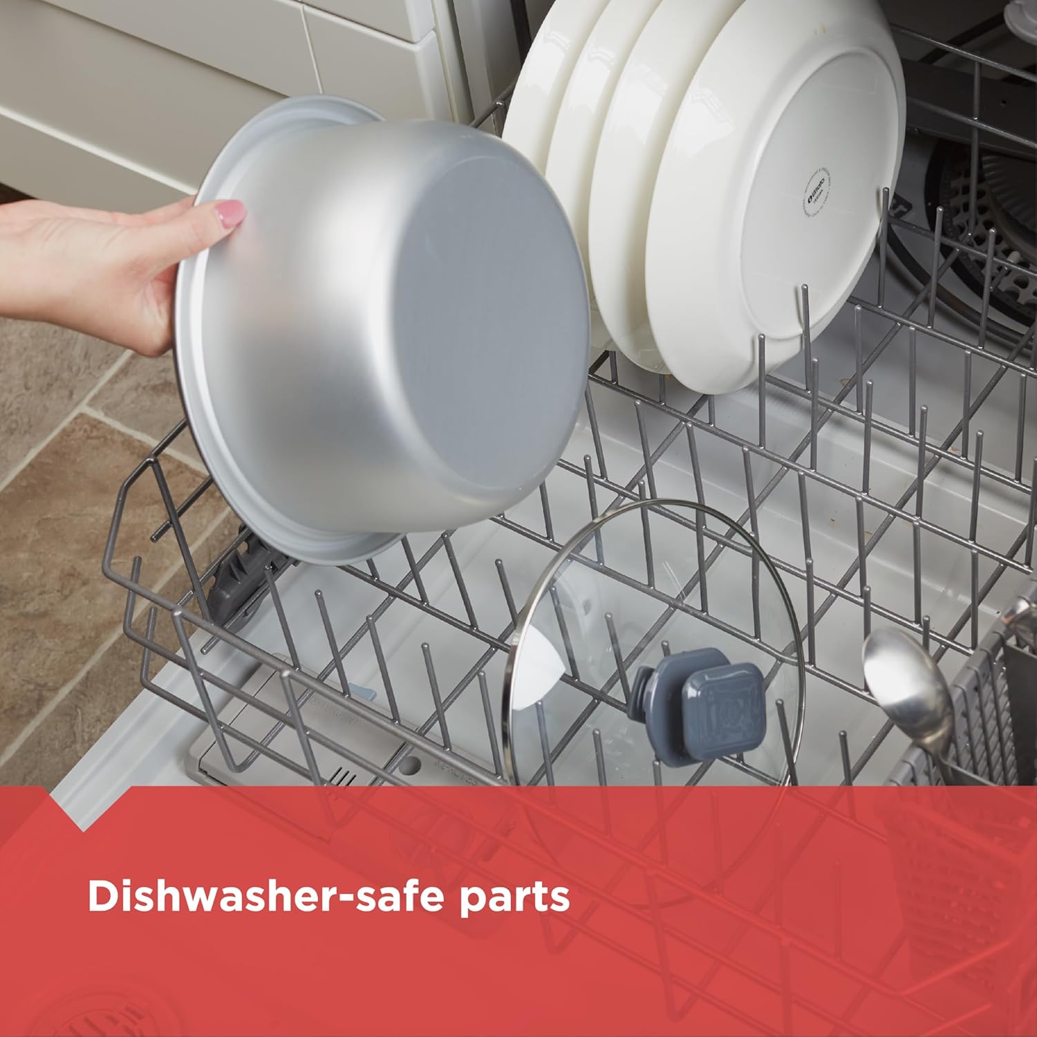 Dishwasher with dishes being removed, highlighting dishwasher-safe parts.