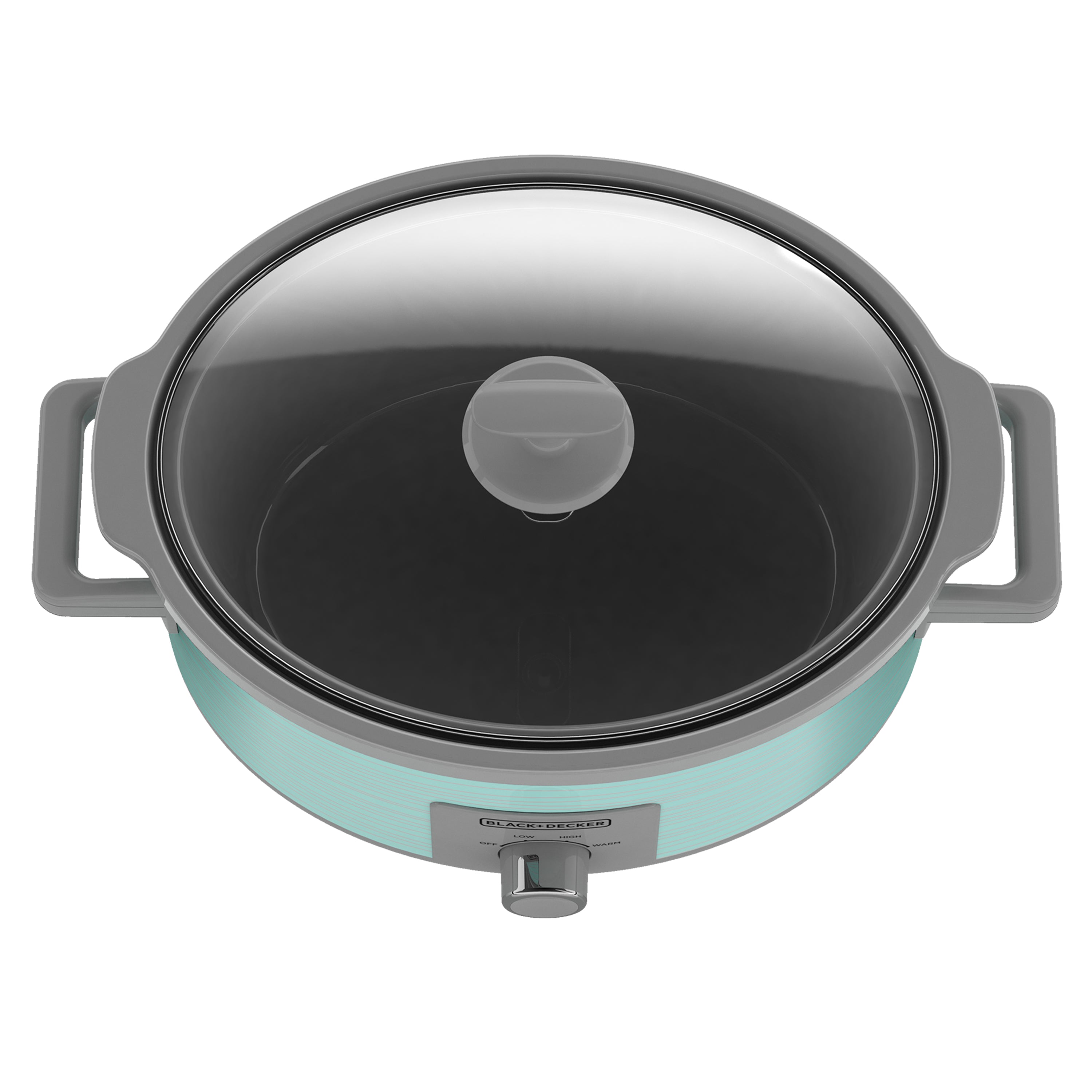 Turquoise slow cooker with glass lid on a white background