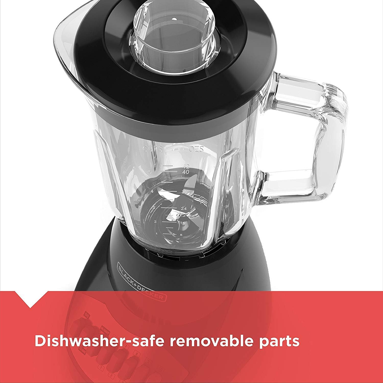 Blender with clear container and black lid on a white background, featuring text about dishwasher-safe removable parts.