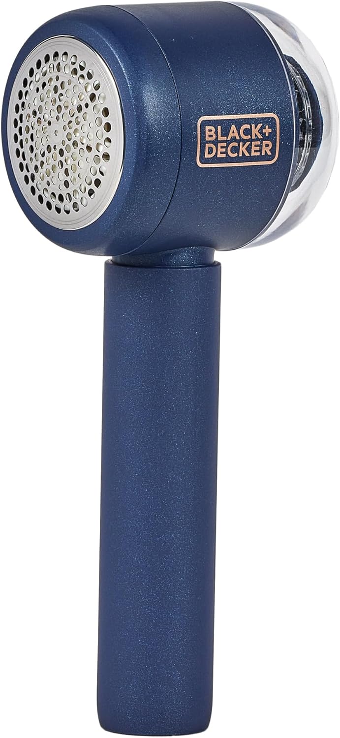 Blue fabric shaver with Black & Decker logo on a white background