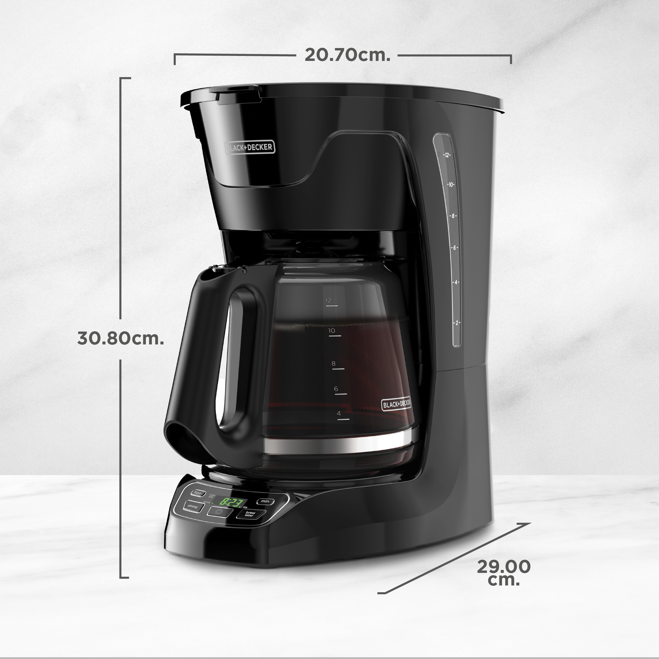 Black coffee maker with dimensions labeled on a white background