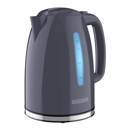 Gray electric kettle with a visible brand logo on a white background