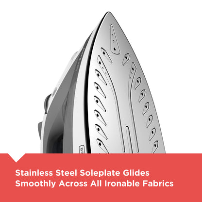 Close-up of a stainless steel iron with text about soleplate glide on a white background