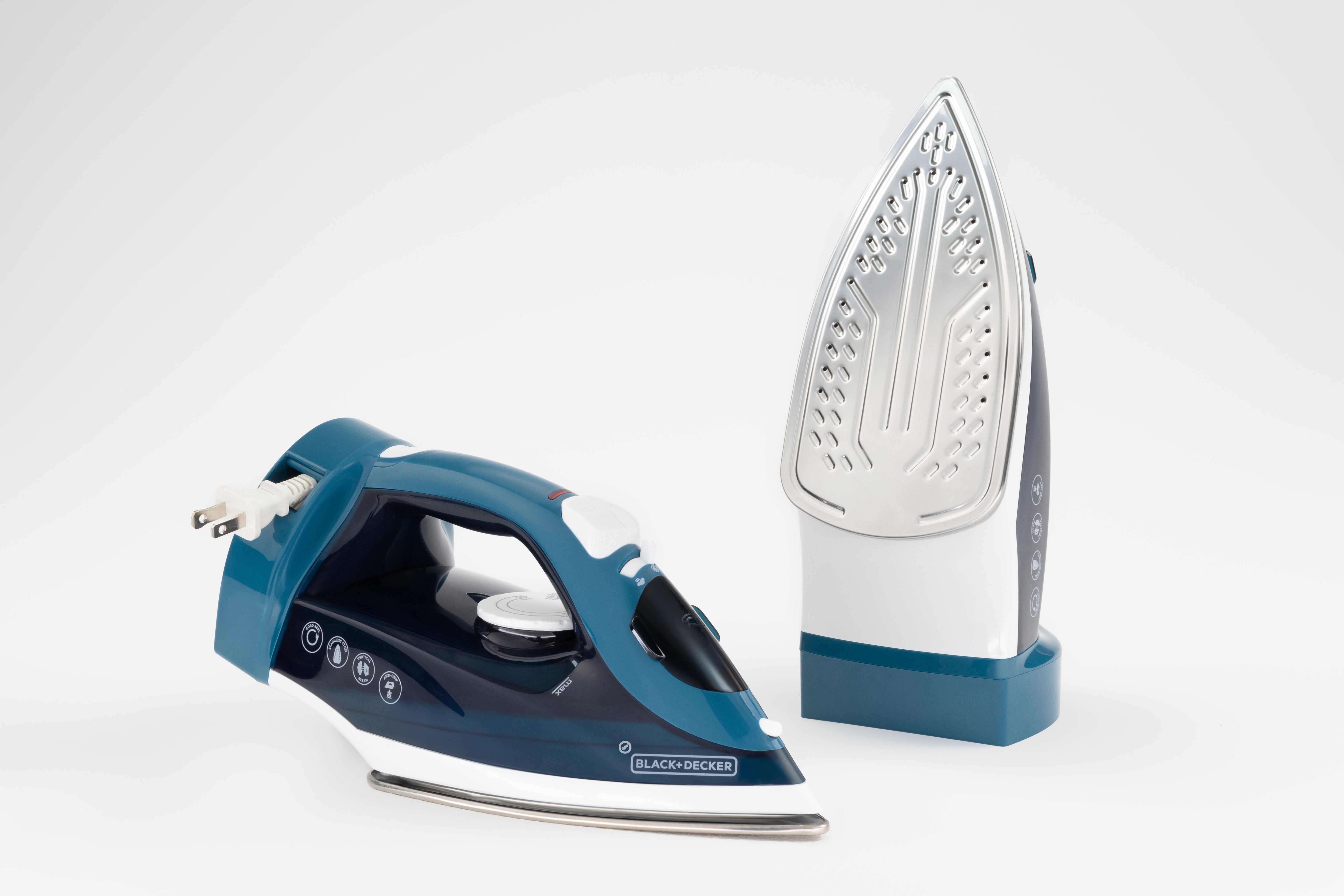 Blue and silver iron with detachable steam generator on a white background
