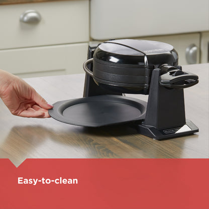 Black waffle maker on a kitchen counter with a hand lifting a plate, labeled 'Easy-to-clean'.