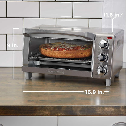 Silver toaster oven with pizza inside, showing dimensions on a kitchen counter.