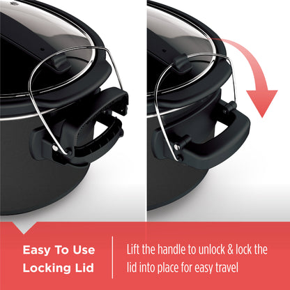 Black slow cooker with a locking lid mechanism on a white background