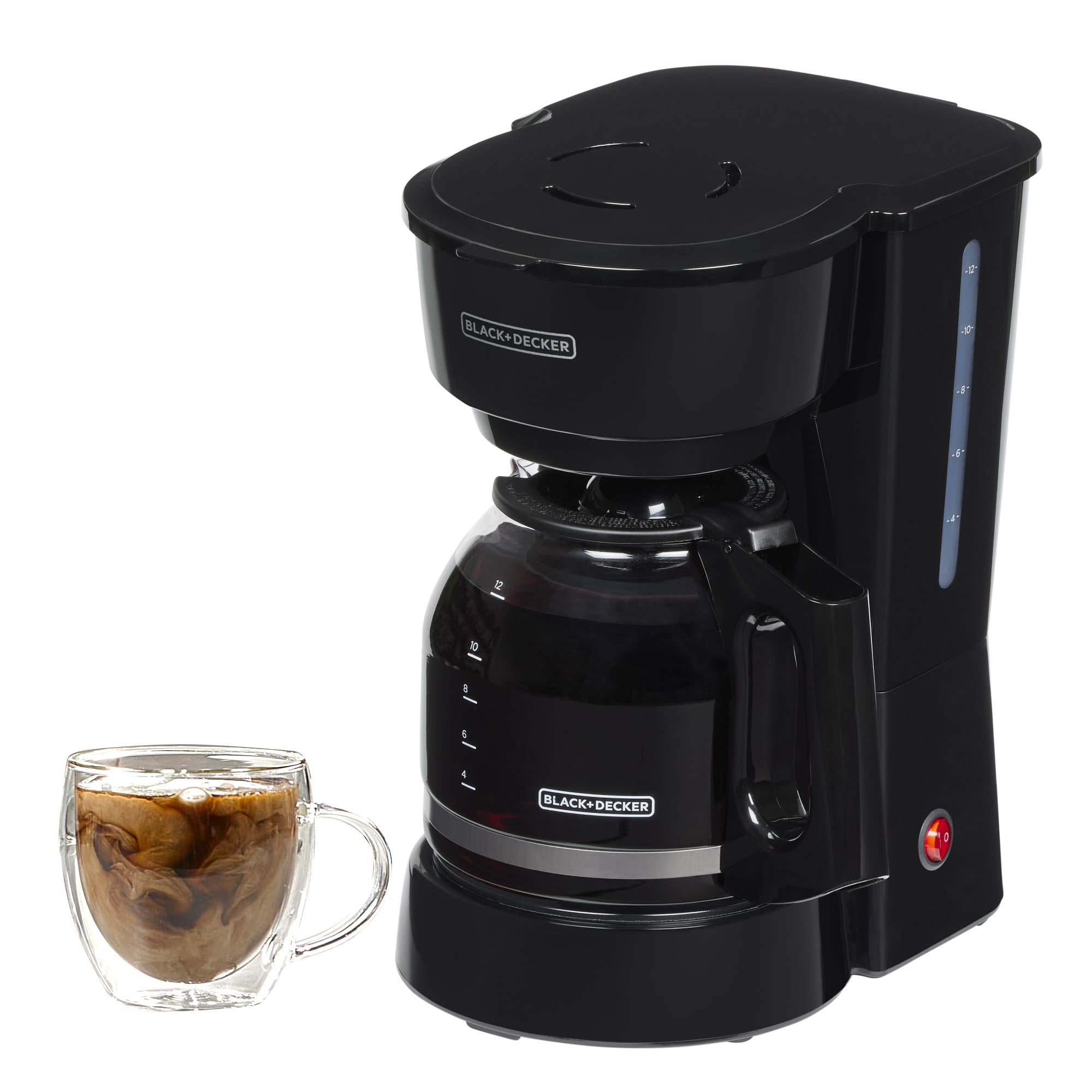Black coffee maker with a glass of coffee on a white background