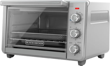 Silver toaster oven with Black+Decker branding on a white background