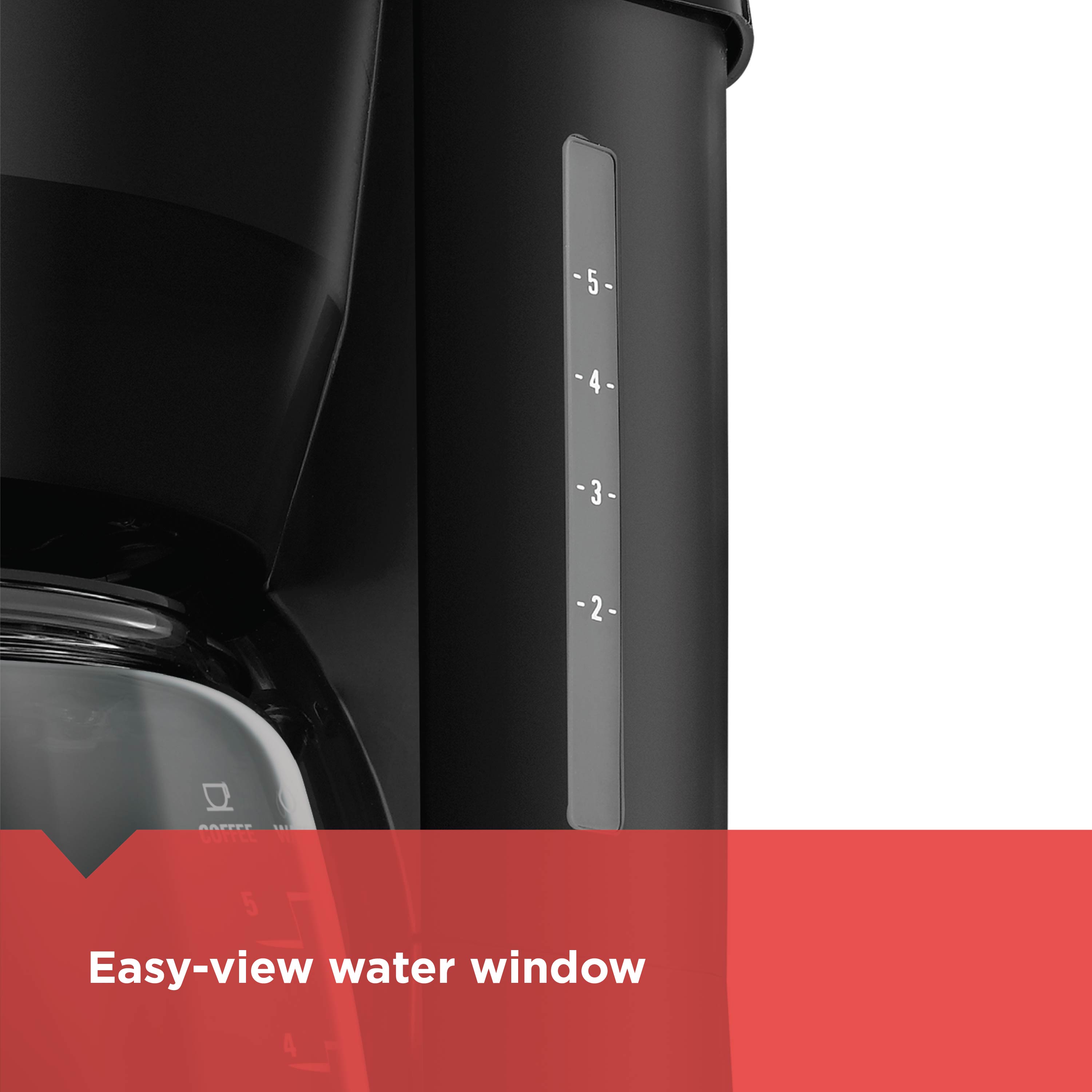Black coffee maker with an easy-view water window on a white background