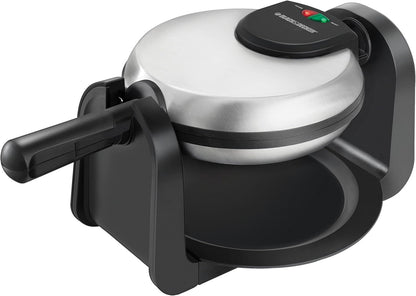 Waffle maker with a silver cooking plate on a white background