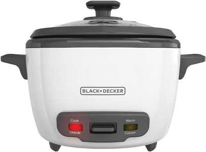White rice cooker with black lid and control panel on a white background, featuring the Black+Decker brand.