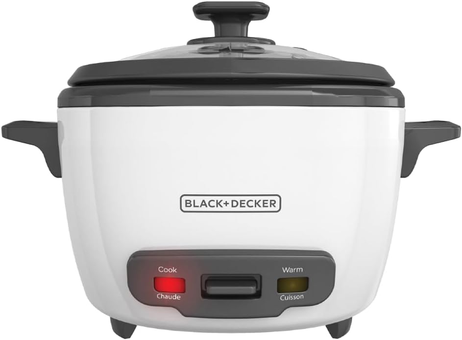 White rice cooker with black lid and control panel on a white background, featuring the Black+Decker brand.