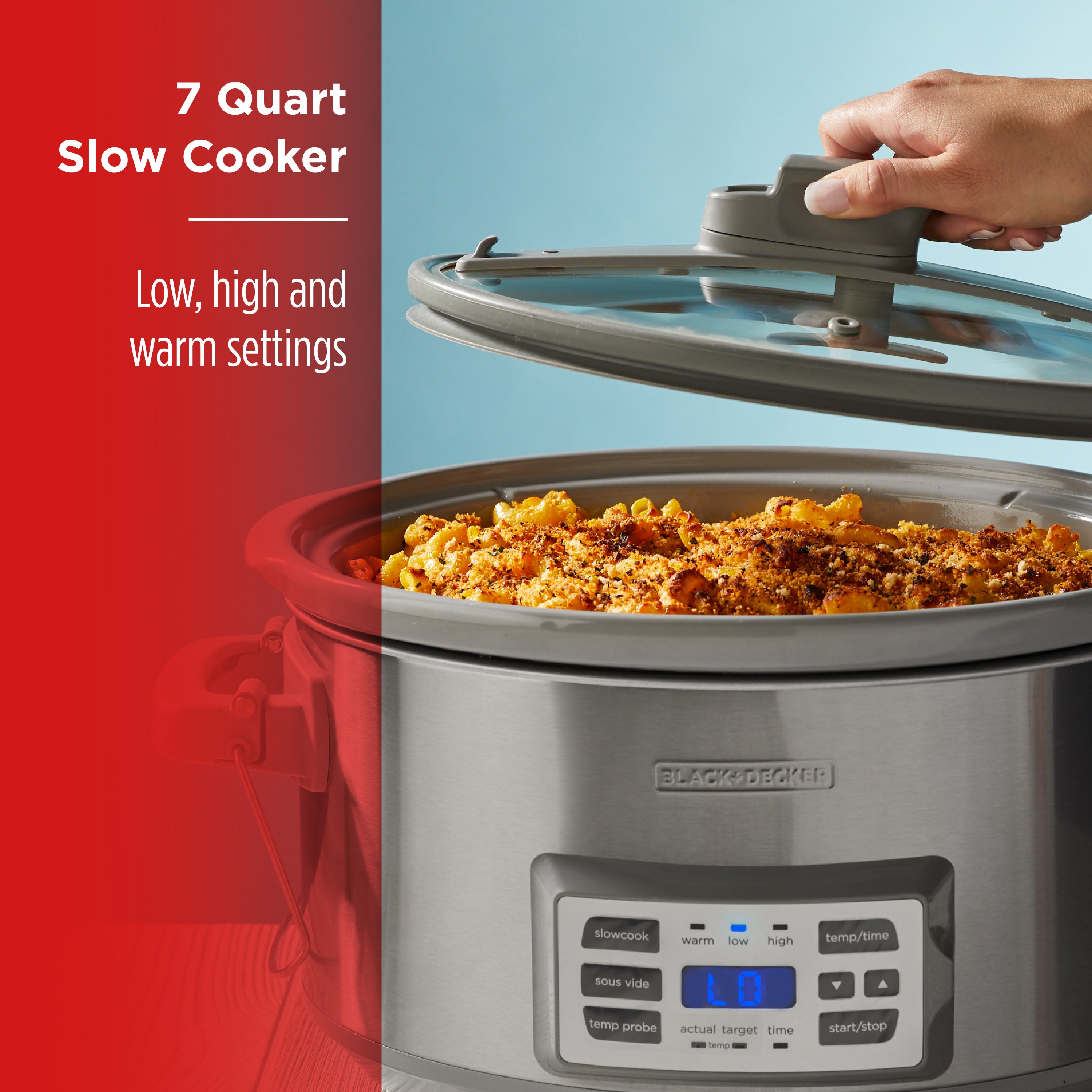 7 Quart Slow Cooker with food inside, labeled 'Low, high and warm settings' on a red and blue gradient background.